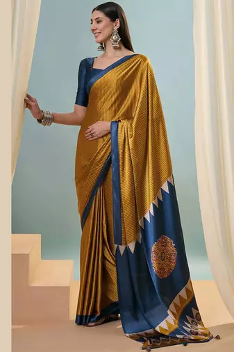 Mustard japan satin saree with digital print blouse