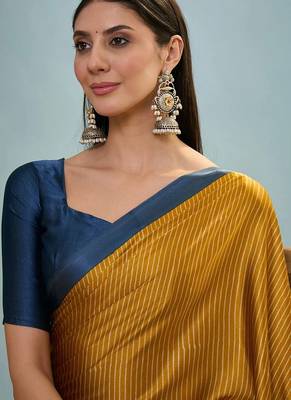 Mustard japan satin saree with digital print blouse 4