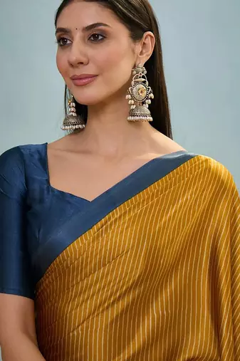 Mustard japan satin saree with digital print blouse