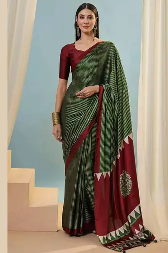 Green japan satin saree with digital print blouse