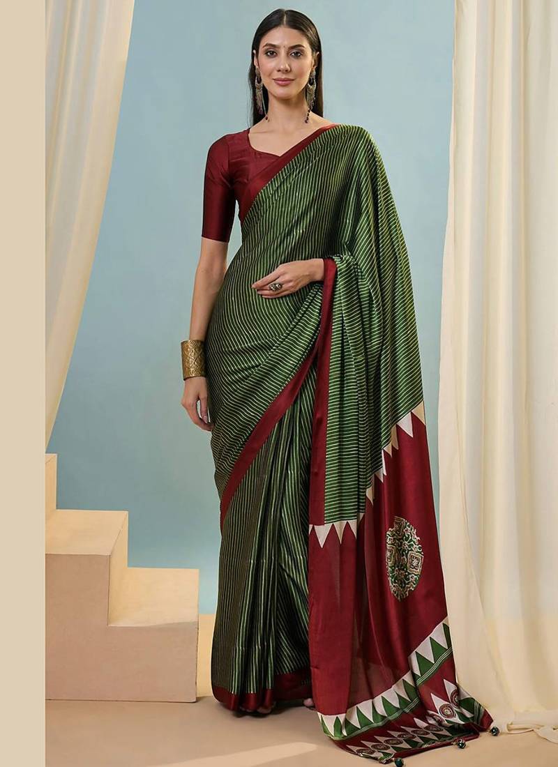 Green japan devsena satin saree japan satin digital print blouse