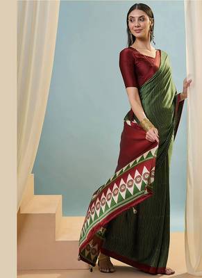 Green japan satin saree with digital print blouse 2