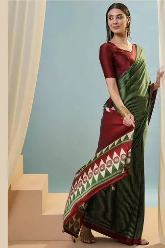Green japan satin saree with digital print blouse