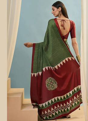 Green japan satin saree with digital print blouse 3
