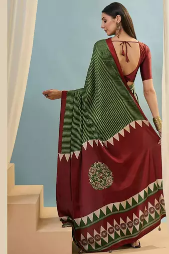 Green japan satin saree with digital print blouse