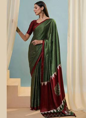 Green japan satin saree with digital print blouse 4