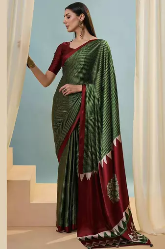 Green japan satin saree with digital print blouse