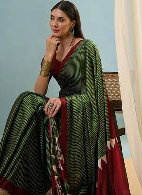 Green japan satin saree with digital print blouse 5