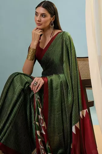 Green japan satin saree with digital print blouse