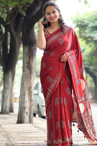 Red japan satin saree with digital print blouse