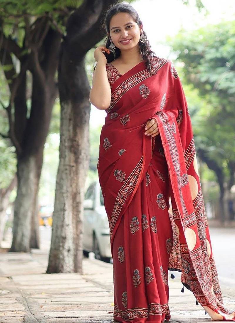 Red japan devsena satin saree japan satin digital print blouse