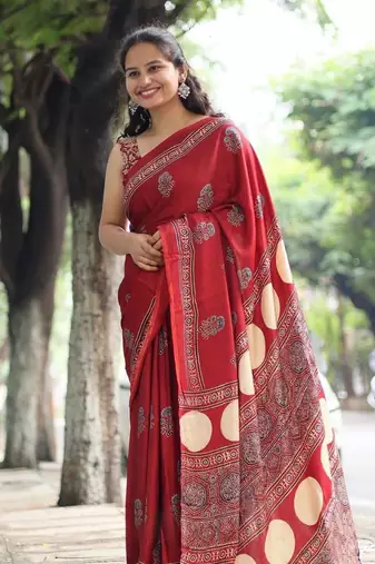 Red japan satin saree with digital print blouse