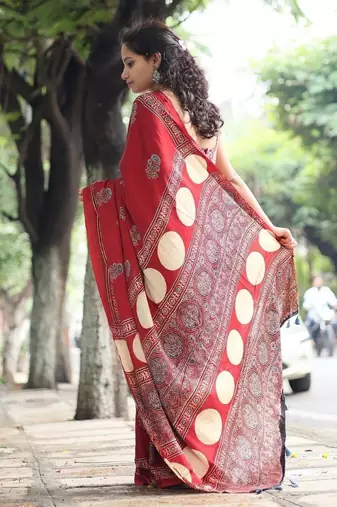 Red japan satin saree with digital print blouse