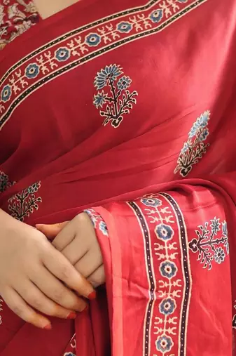 Red japan satin saree with digital print blouse