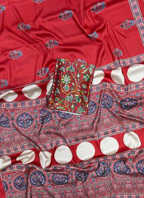 Red japan satin saree with digital print blouse 5