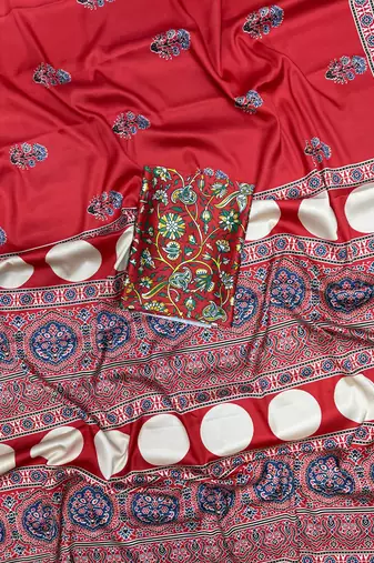 Red japan satin saree with digital print blouse