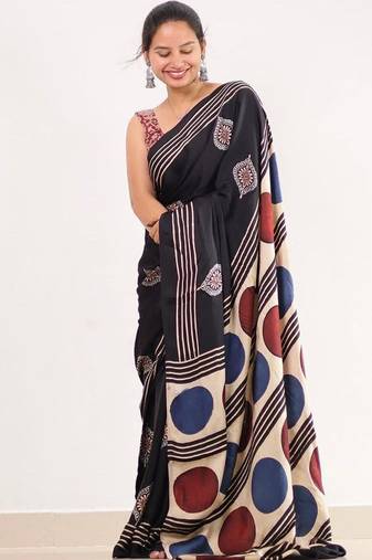Black japan satin saree with digital print blouse