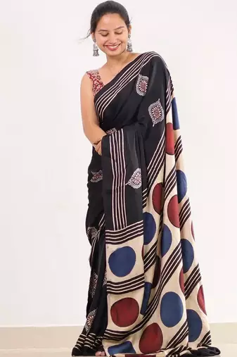 Black japan satin saree with digital print blouse