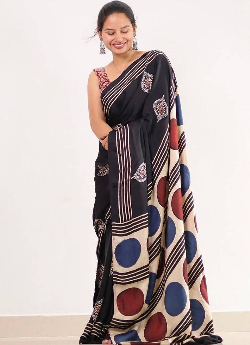Black japan devsena satin saree japan satin digital print blouse