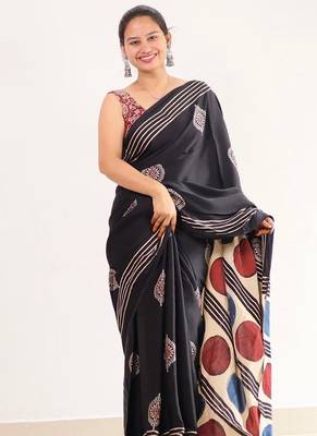 Black japan satin saree with digital print blouse 2