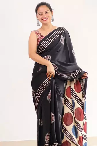 Black japan satin saree with digital print blouse