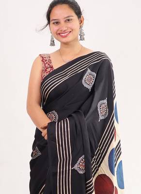 Black japan satin saree with digital print blouse 3