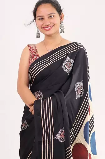 Black japan satin saree with digital print blouse