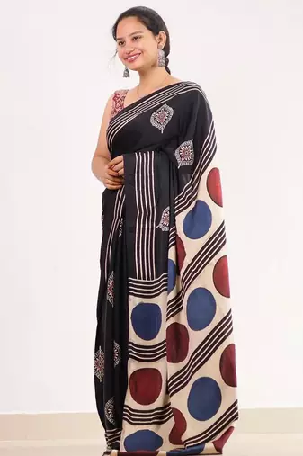 Black japan satin saree with digital print blouse