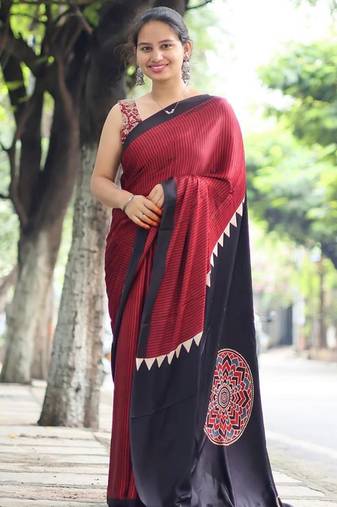 Maroon japan satin saree with digital print blouse