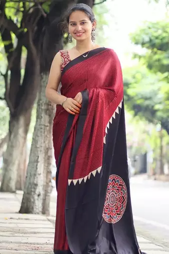 Maroon japan satin saree with digital print blouse