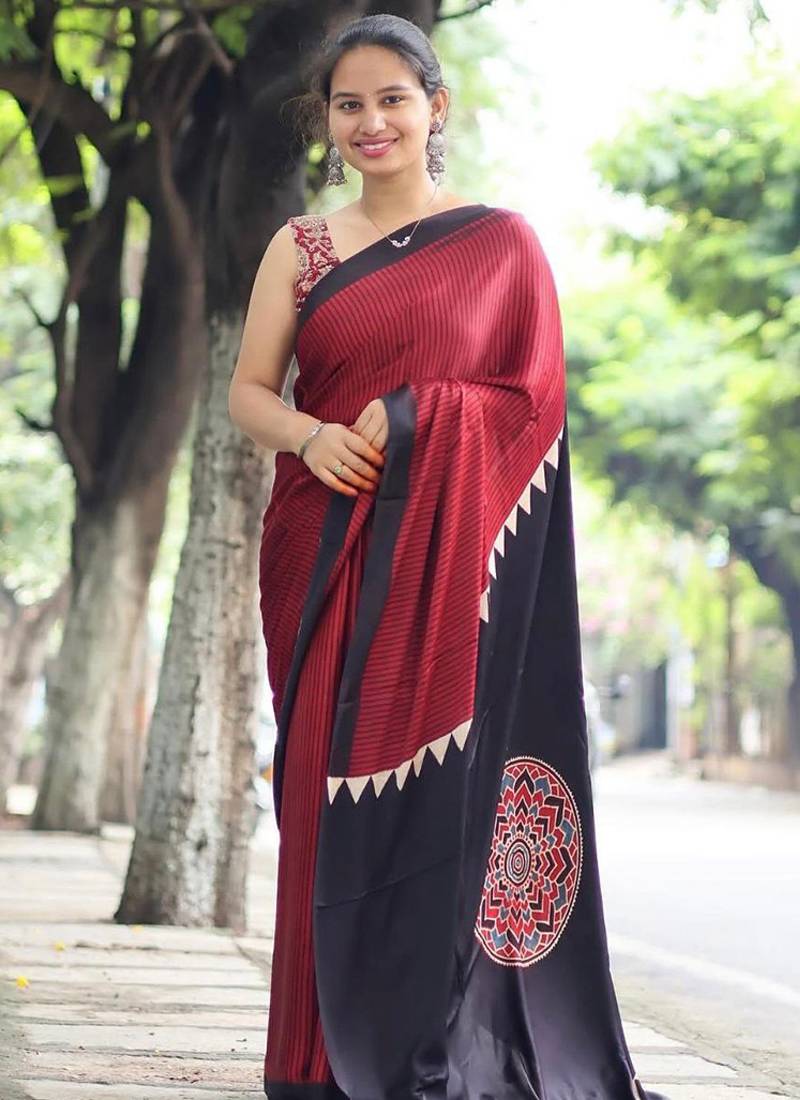 Maroon japan devsena satin saree japan satin digital print blouse