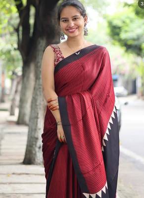 Maroon japan satin saree with digital print blouse 2