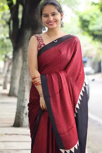 Maroon japan satin saree with digital print blouse