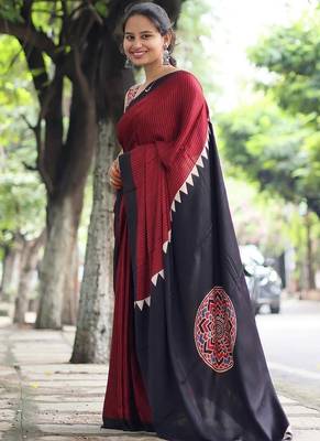 Maroon japan satin saree with digital print blouse 4