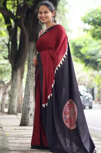 Maroon japan satin saree with digital print blouse