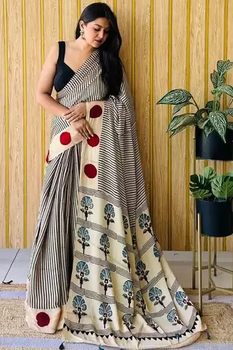 Off-White japan satin saree with digital print blouse