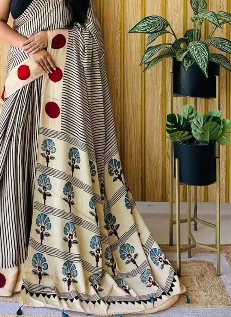 Off-White japan satin saree with digital print blouse