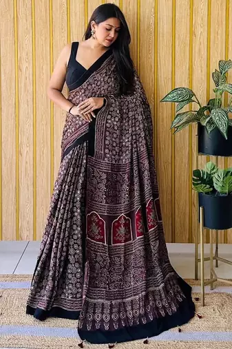 Black japan satin saree with digital print blouse