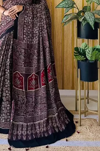 Black japan satin saree with digital print blouse