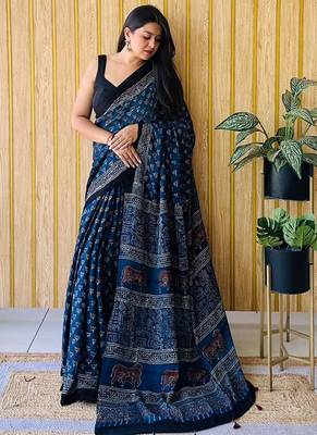 Blue japan satin saree with digital print blouse 1