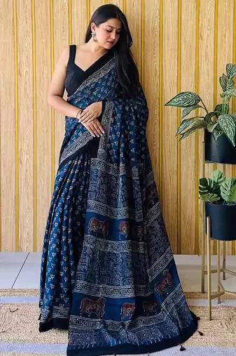 Blue japan satin saree with digital print blouse