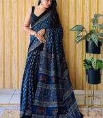 Blue japan satin saree with digital print blouse