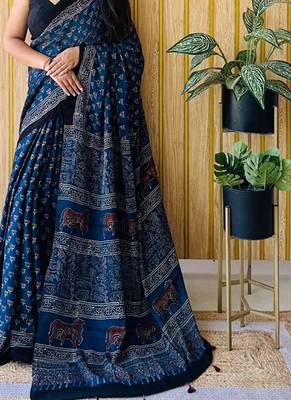 Blue japan satin saree with digital print blouse 2