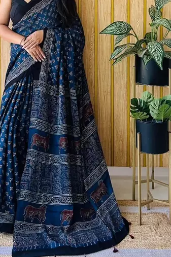 Blue japan satin saree with digital print blouse