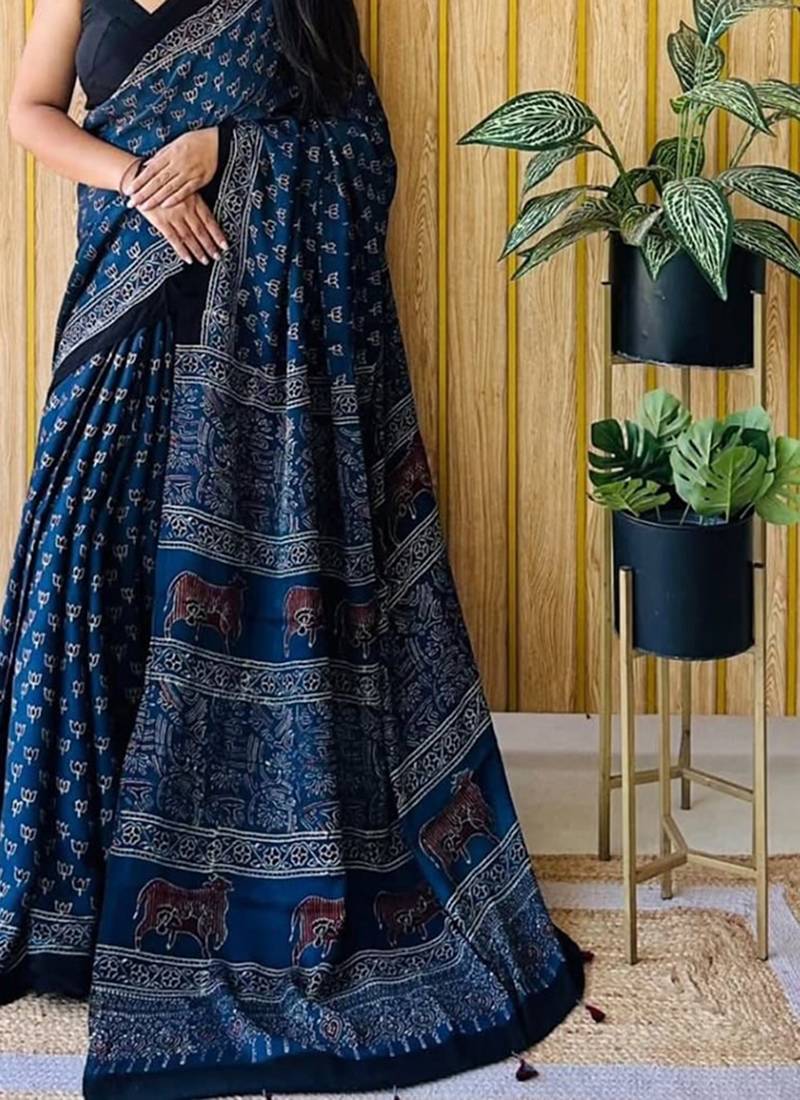 Blue japan satin saree with digital print blouse