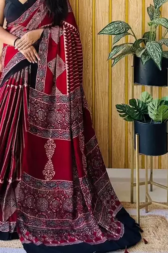 Maroon japan satin saree with digital print blouse