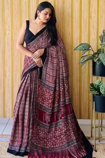 Multicolor japan satin saree with digital print blouse