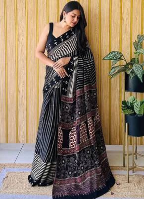 Multicolor japan satin saree with digital print blouse 1