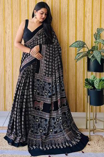 Multicolor japan satin saree with digital print blouse
