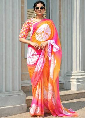 Multicolor japan satin saree with digital print blouse 1